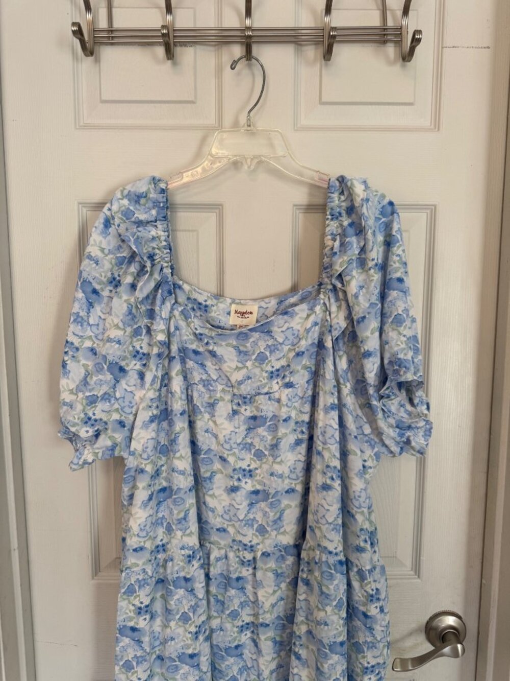 Hayden Blue Floral Dress Midi Ruffle Puffy Balloon Sleeve Watercolor Pocket 2XL - Picture 6 of 13